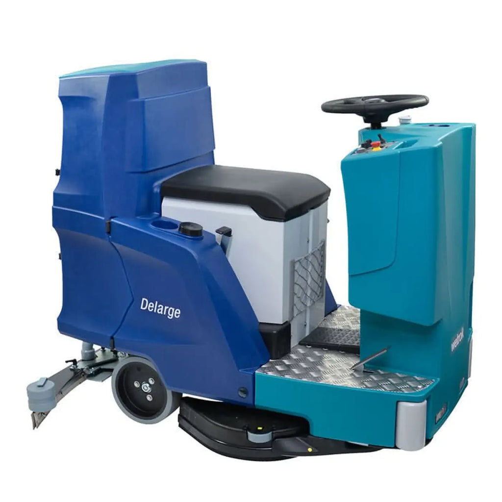Blauer und türkiser wetrok drivematic delarge industriebodenschrubber mit schwarzem sitz lenkrad und metallplattform