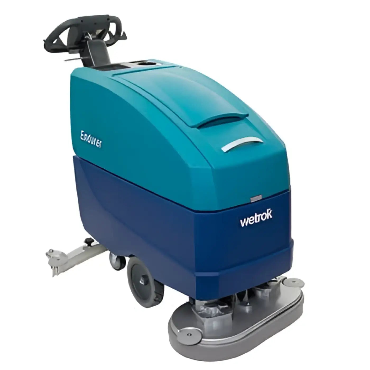 Teal und blaue industrielle bodenreinigungsmaschine wetrok duomatic endurer 60 standard mit schwarzem griff