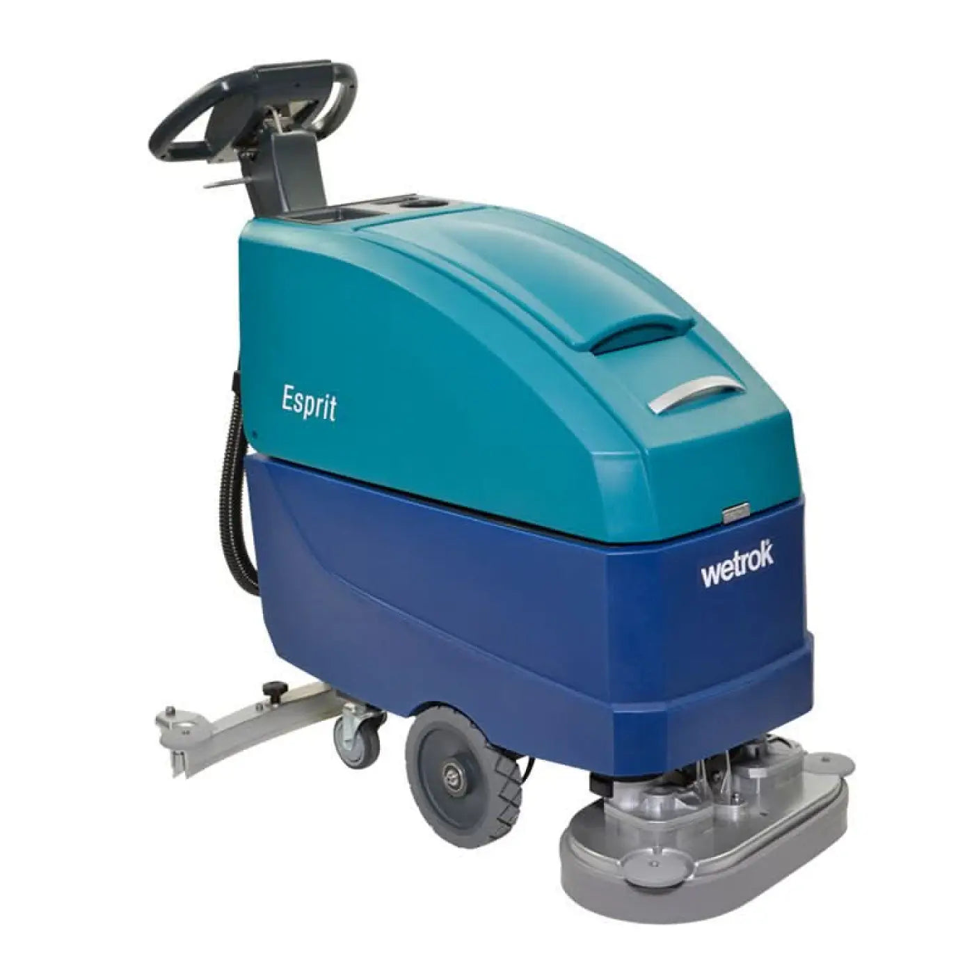 Teal und blaue wetronik esprit bodenreinigungsmaschine mit schwarzem lenkrad und grauem reinigungskopf