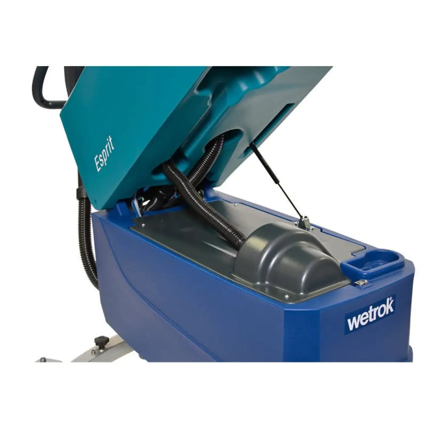 Wetrok Duomatic Esprit reinigungsmaschine in blau und türkis mit offener klappe und sichtbaren schläuchen