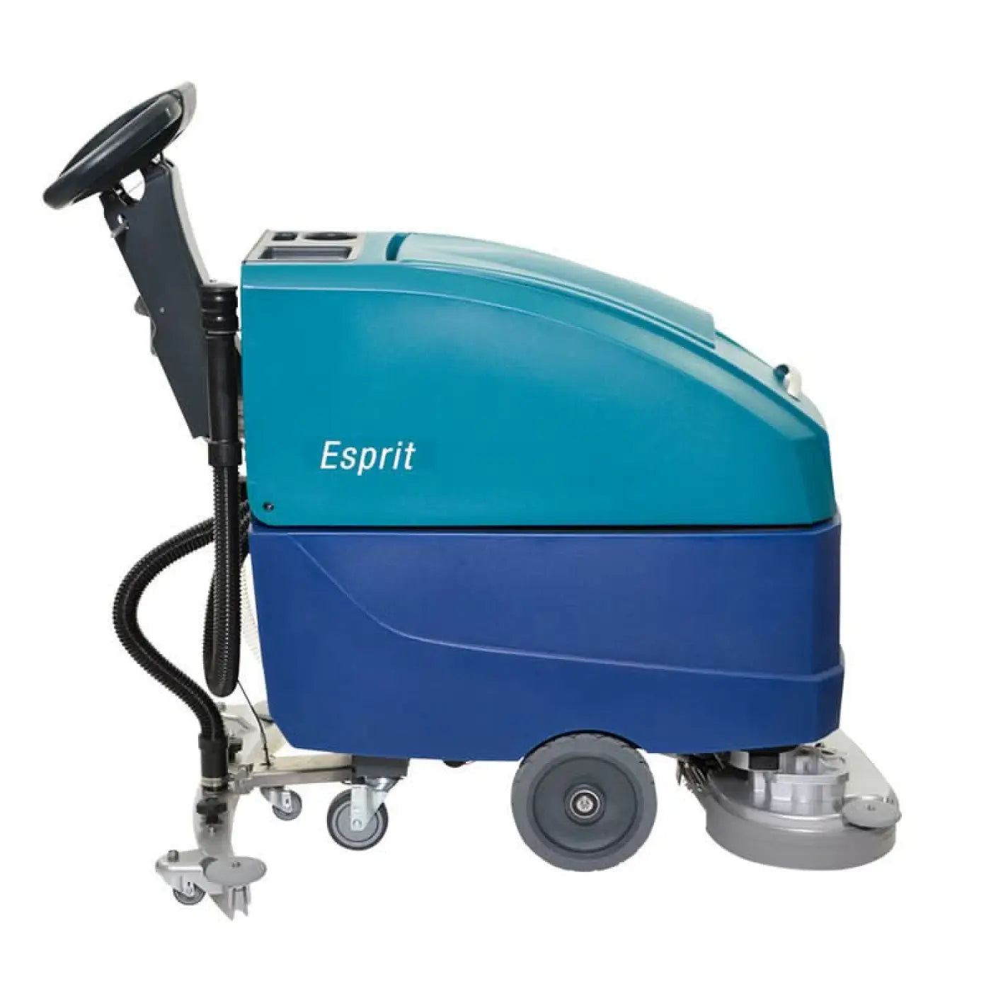 Teal und blaue industrielle bodenreinigungsmaschine wetrok duomatic esprit mit schwarzem griff und silbernem reinigungskopf