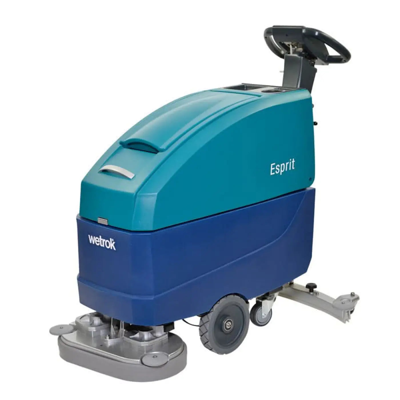 Teal und blaue wetrok esprit bodenreinigungsmaschine mit schwarzem lenkrad und grauem reinigungskopf