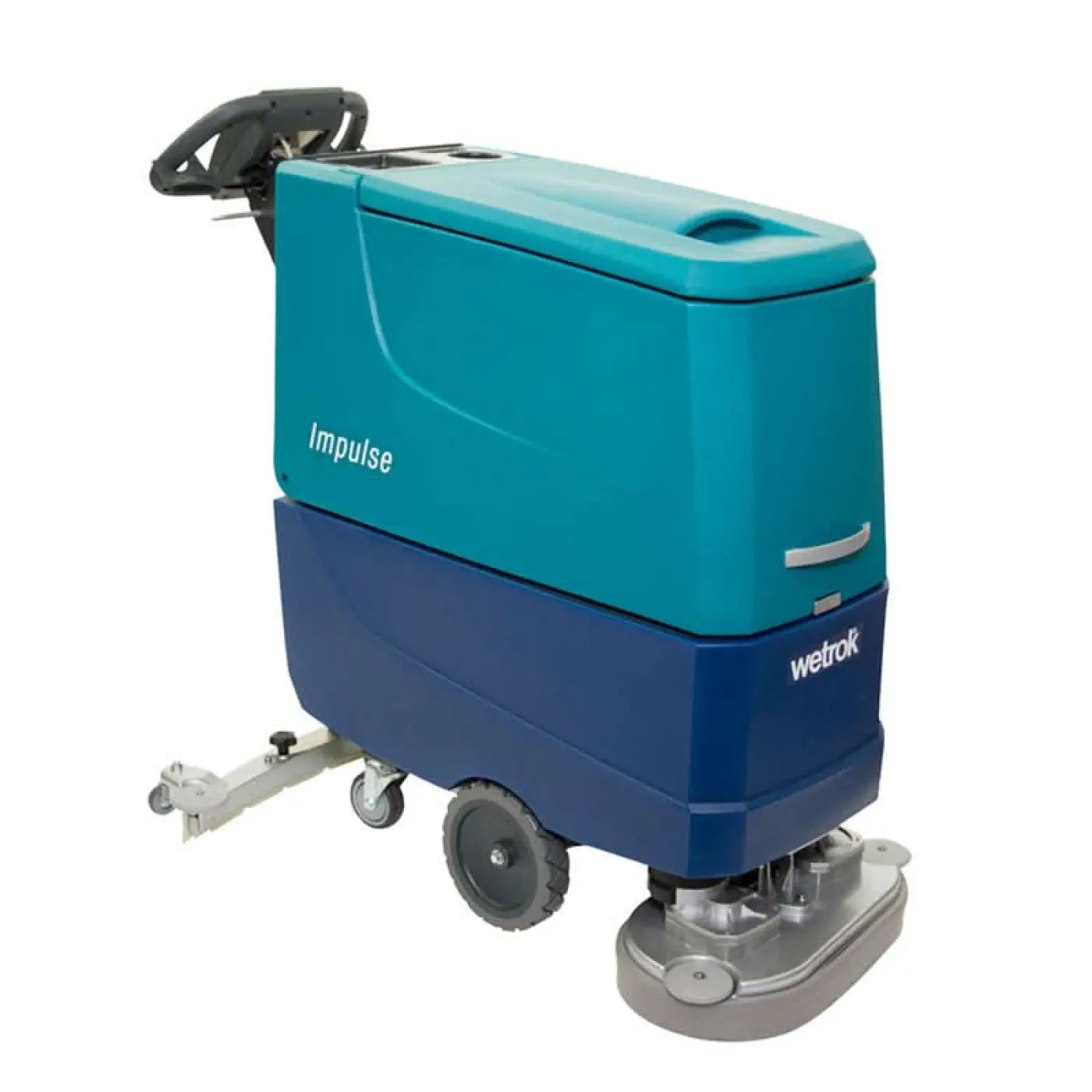 Wetrok duomatic impulse bodenreiniger mit blauem und türkisem wetlook, schwarzem griff, silberner metallbasis und rädern