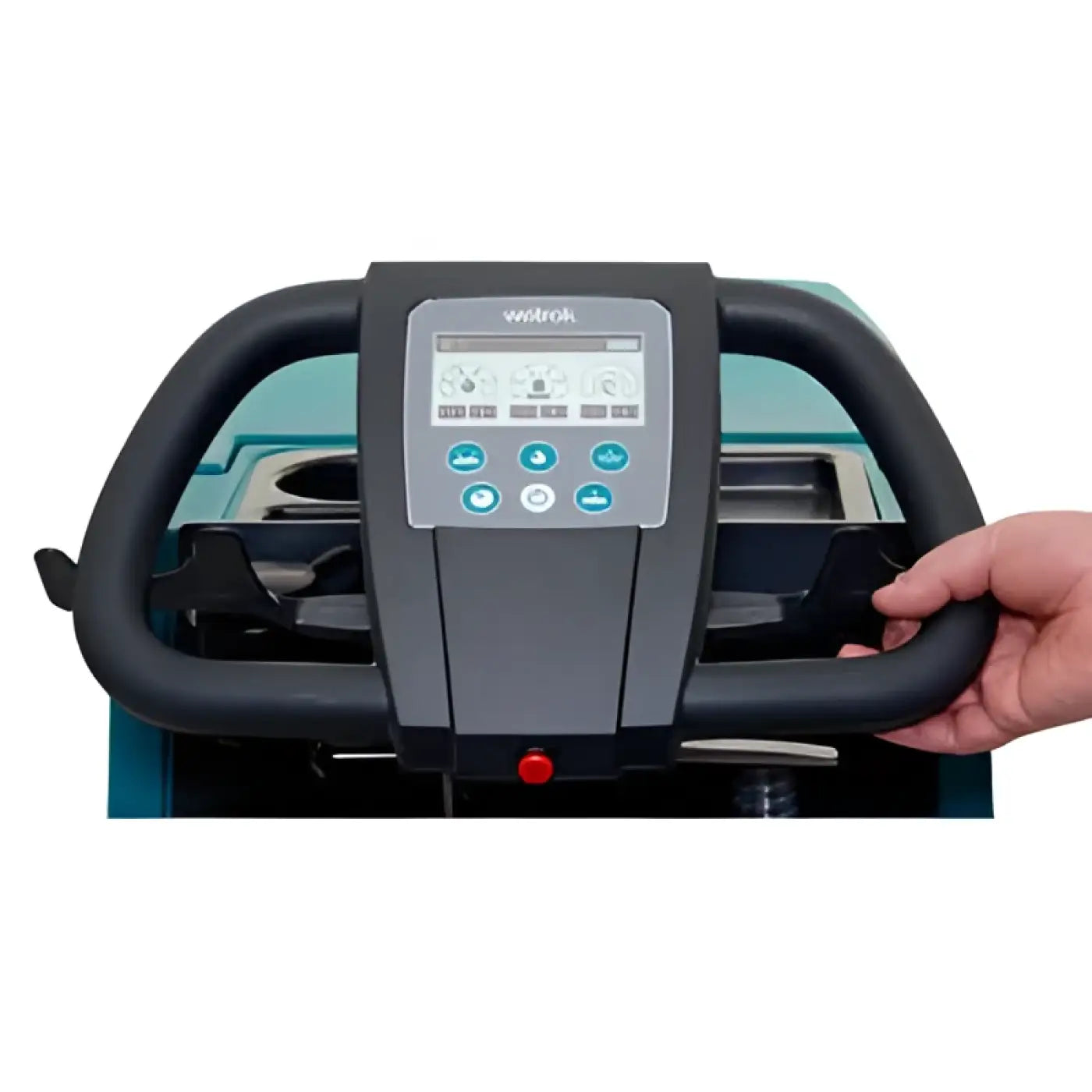 Schwarzer ergonomischer griff mit integriertem bedienfeld und türkisfarbenen akzenten bei der wetrok duomatic intense dosing scheuersaugmaschine 60