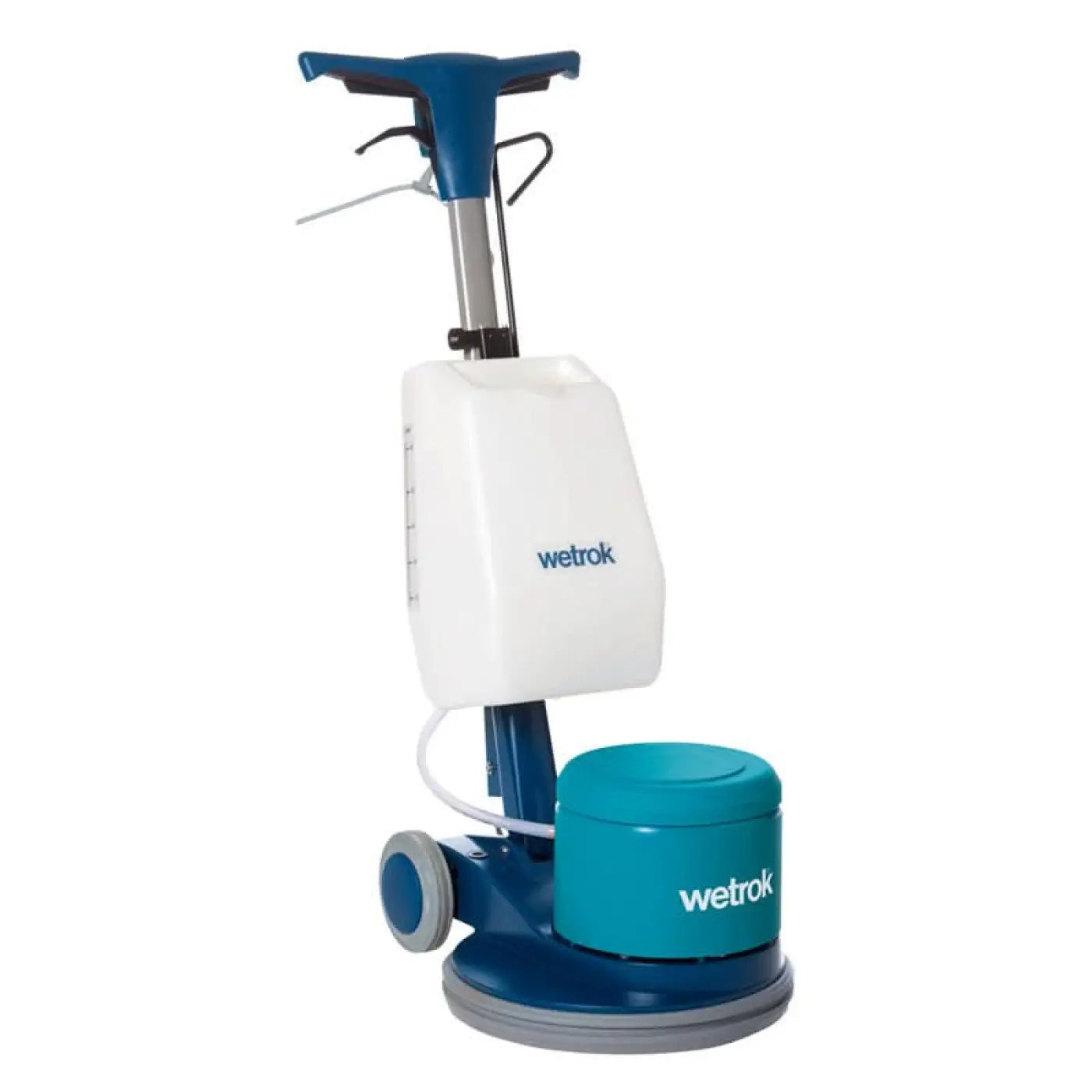 Blau und weißer wetrok bodenpolierer mit türkisfarbener rundbasis wetrok monomatic industrie einscheibenmaschine 43cm