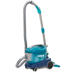 Teal und blaue wetrok madora kanisterstaubsauger mit flexiblem schlauch und rollen im bild des wetrok monovac freedom kabellosen staubsaugers