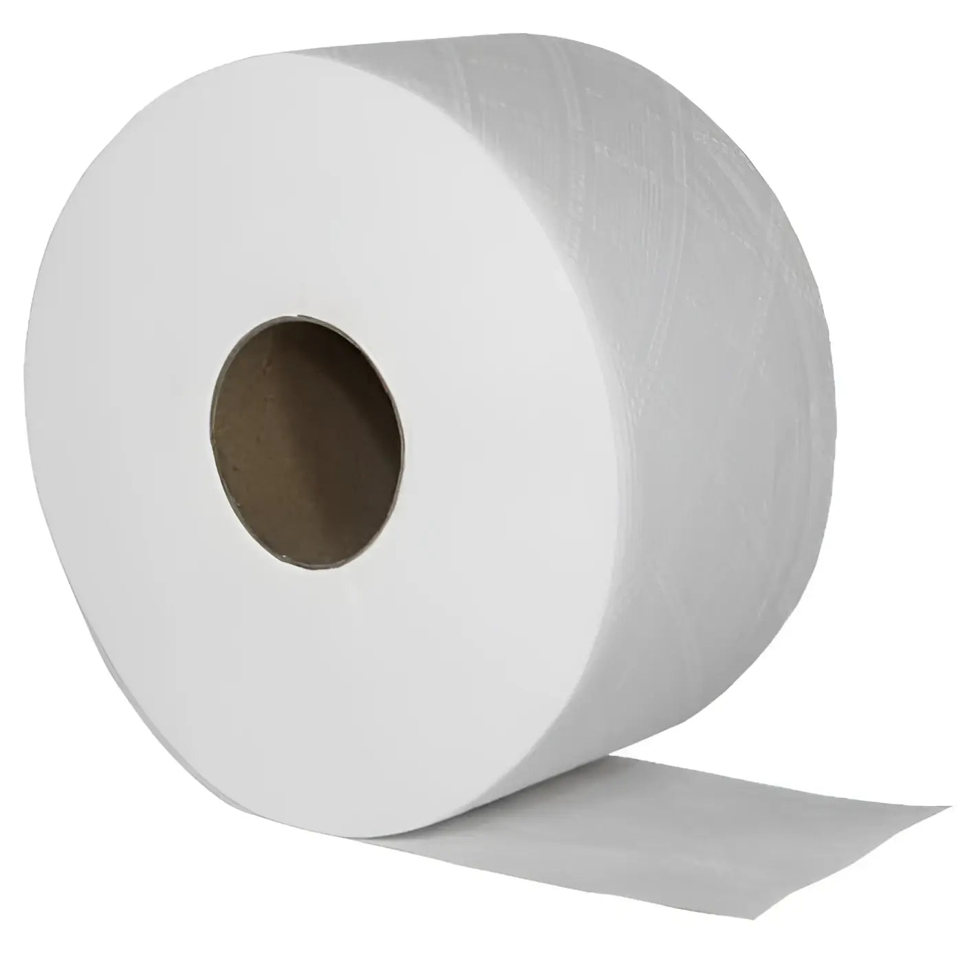 Ein großes weißes toilettenpapier jumbo 2-lagig mit strukturierter oberfläche und braunem papierkern